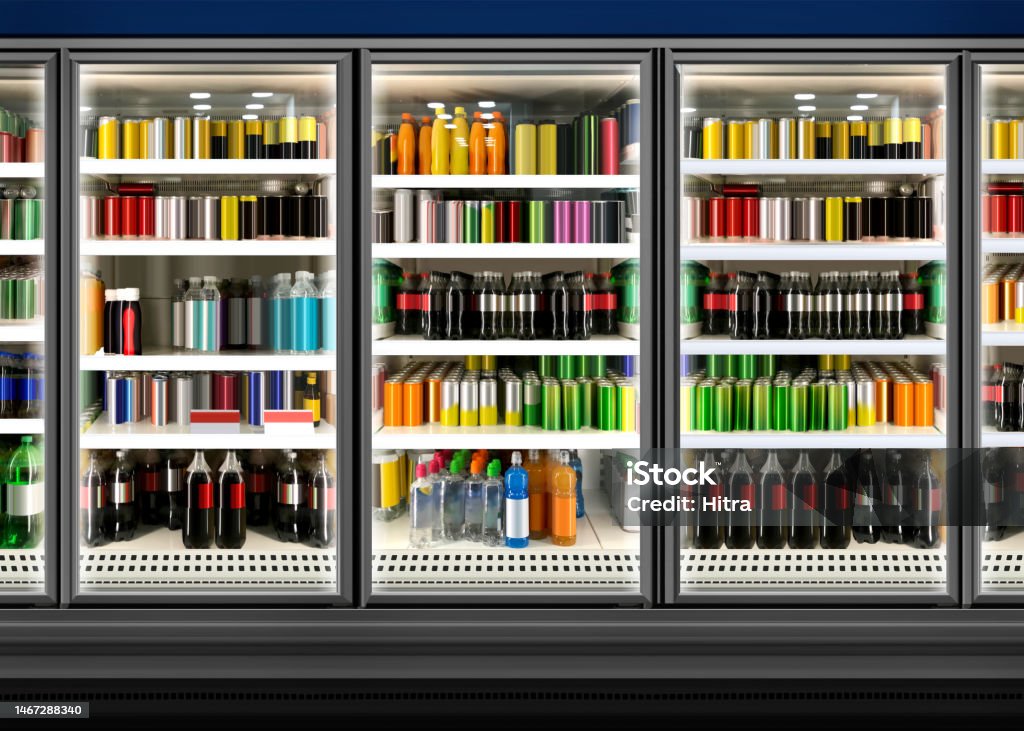 Juice cans and bottles in fridge at supermarket Mockup and .illustration is suitable for presenting new juice packaging or label designs among many others Drink Stock Photo