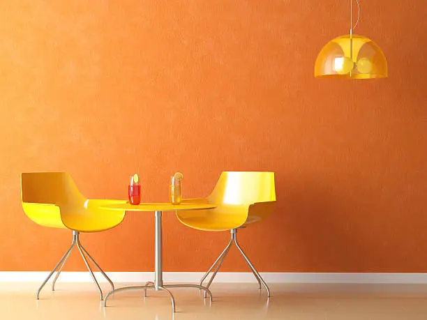3D render scene of a modern coffee-shop table and chair in orange and yellow colors