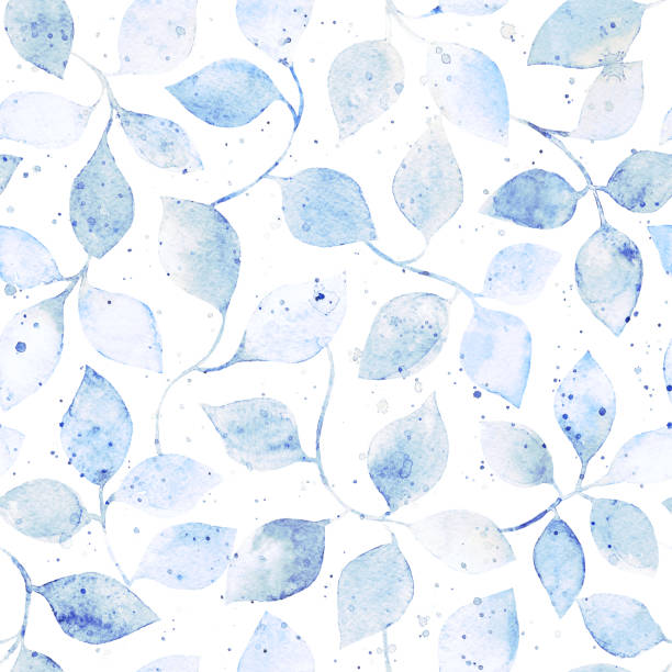 나뭇잎이 있는 수채화 파란색 가지가 있는 매끄러운 패턴. 흰색 배경에 손으로 그린 패턴. 섬유 인쇄, 페이지 채우기, 포장지, 웹 디자인을위한 잎이있는 디자인 - frozen leaf cold white background stock illustrations