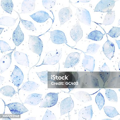 istock Seamless pattern with watercolor blue branches with leaves. Hand painted pattern on white background. Design with leaves for textile print, page fill, wrapping paper, web design 1467293148