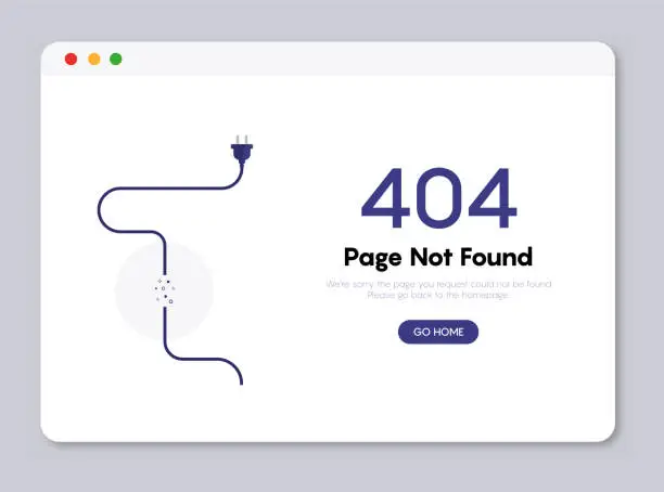 Vector illustration of 404 error page not found banner. Cable and socket. Cord plug. System error, broken page. Disconnected wires from the outlet. For website. Web Template. Popping window. Vector web.