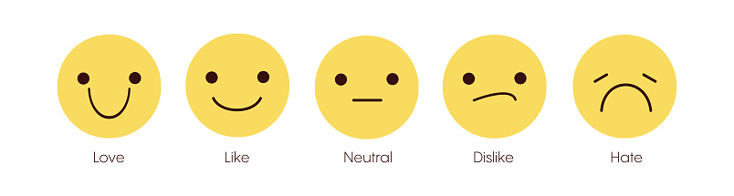 Feedback emoticon icon set. Hate and love emojis. Smiley feedback. User experience rate with smileys. Level of customer satisfaction. Feedback in form of emotions. Vector flat icons