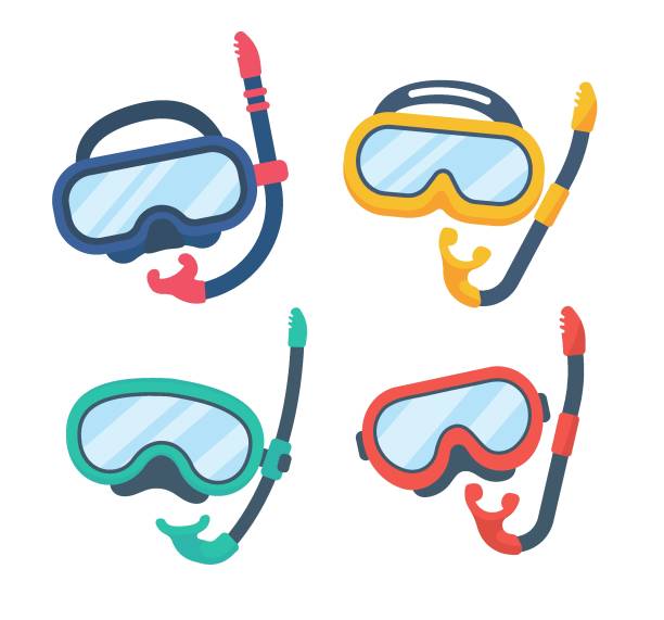 ilustrações, clipart, desenhos animados e ícones de máscara de mergulho. aparelhos de respiração para observação de recifes de corais sob o mar - máscara de mergulho