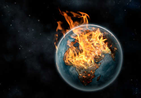 Digitally created image of the planet Earth erupting in flames viewed from space against a digitally created starry background. Africa, Europe and India are prominent beneath the flames. All photographic material in the image is original and has been created by me, Nick White and I have provided a release for that if it is necessary. The outline of the countries is hand drawn.