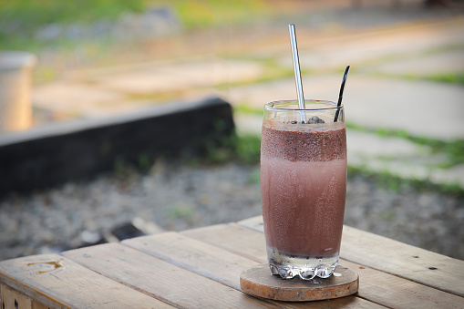 A delicious cold chocolate drink, made with chocolate powder and milk