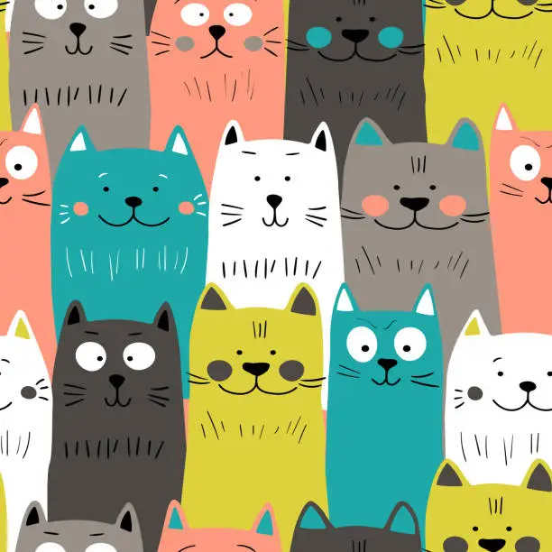 Vector illustration of Seamless pattern with cute kitten print. Different scandy cats on color background. Scandinavian style illustration for kids. Vector illustration for fabric, textile, wallpaper, home clothing, pajama