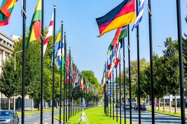 banderas internacionales en la haya - european culture europe national flag flag fotografías e imágenes de stock