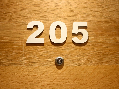 Hotel room number 205 on the door with fisheye