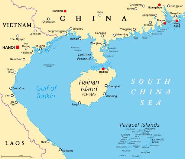 Hainan, a province of China, and the Paracel Islands, political map Hainan, southernmost province of China, and surrounding area, political map. Hainan Island, and the Paracel Islands, in the South China Sea, south of the Leizhou Peninsula, and east of Gulf of Tonkin. gulf of tonkin stock illustrations