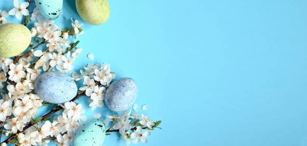 istock Easter eggs with spring blossom flowers on blue background. Colored Egg Holiday border. 1467317655
