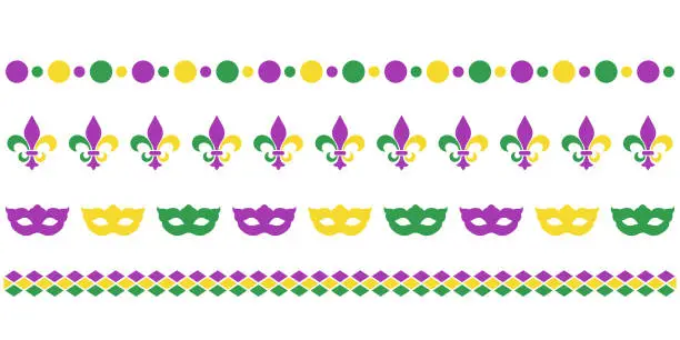 Vector illustration of Mardy gras horizontal border set, beads and carnival mask, fleur de lis, party decoration design elements, vector dividers