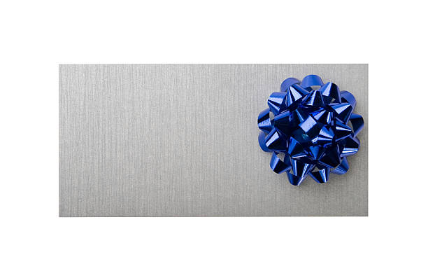 Silver card with decoration blue bow stock photo