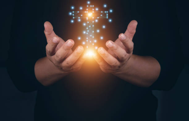 istock Human hands open palm up worship. Eucharist Therapy Bless God Helping Repent Catholic Easter Lent Mind Pray. Christian Religion concept. fighting and victory for god, Virtual illustration a cross. 1467319035