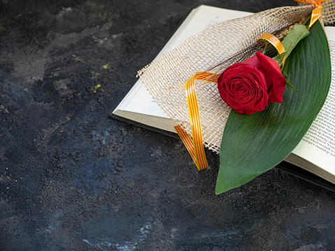 Red rose with spike and flag with a book. Traditional gift for Sant Jordi, St. George's Day. It is the Catalan version of Saint Valentine's Day. Space for copy