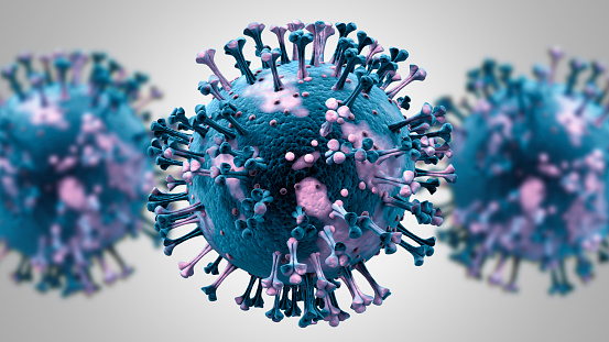 Microscope virus cells close up. conceptual Coronavirus 2019-nCov coronavirus flu outbreak. Covid-19 influenza. 3D illustration