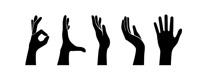 Raised hands silhouette on white background