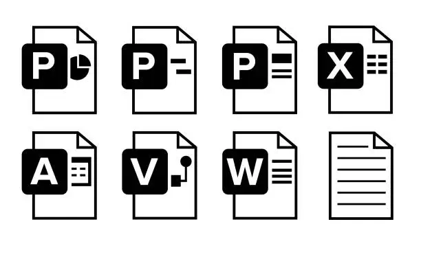 Vector illustration of Set of Document File Formats and Labels icons. Vector illustration. Line icon.