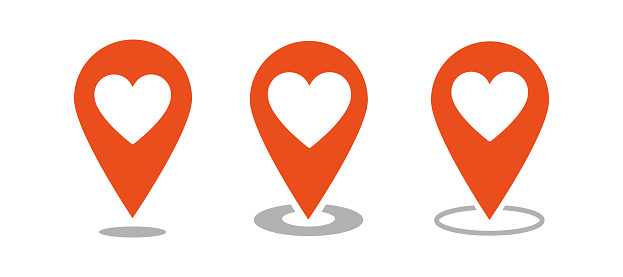 map pin icon, location pin vector icon, map pointer with heart icon