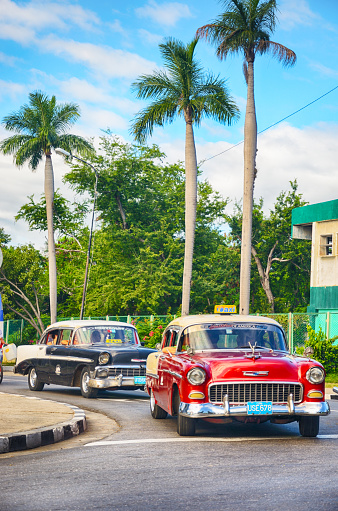 1950s style old american classic car in street of Santiago de Cuba city