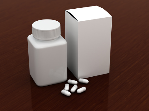 White plastic medical container for pills with box. Digitally generated image