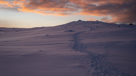 Path in snowy mountains in a cold winter day