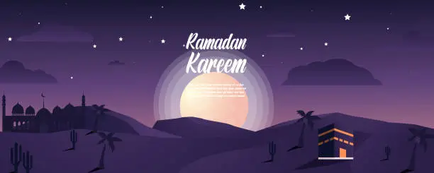 Vector illustration of Kaaba in Mecca. A Ramadan Night Amidst the Desert's Moon, Stars, and Clouds. Islamic background design vector illustration. Can be use for ramadan kareem, eid al fitr, eid al adha and isra' mi'raj banner poster or greeting card.