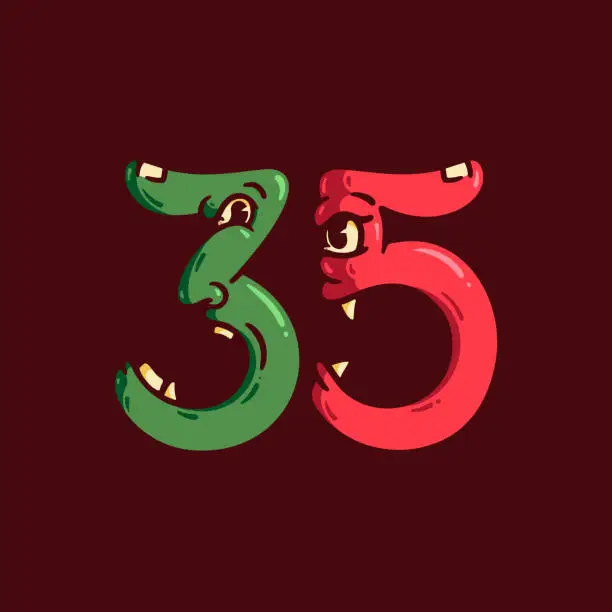 Vector illustration of Monster letter. Numbers 3 and 5. Numeral 35. Cartoon cute character