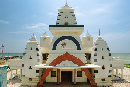 Kanyakumari, India – November 11, 2021: Elevation of Gandhi memorial building in Kanyakumari beach, India. It is built based on Orissa (Kalinga) style of architecture with a prominent declar