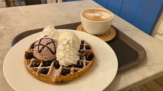 Fresh wheat waffles and ice cream and cafe