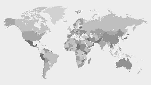 ilustraciones, imágenes clip art, dibujos animados e iconos de stock de mapa del mundo altamente detallado con etiquetado. ilustración vectorial en escala de grises 10 eps. - mapa mundial