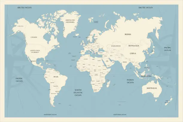 Vector illustration of Textured vintage world map. Vector 10 eps. English US language.