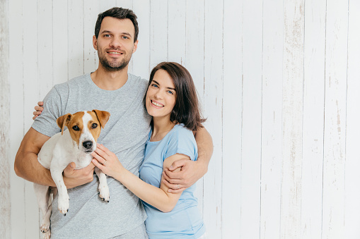 Portrait of young family couple embrace each other and hold their favourite pet, smile gladfully at camera. Beautiful brunette female embraces her husband, pose together against white background