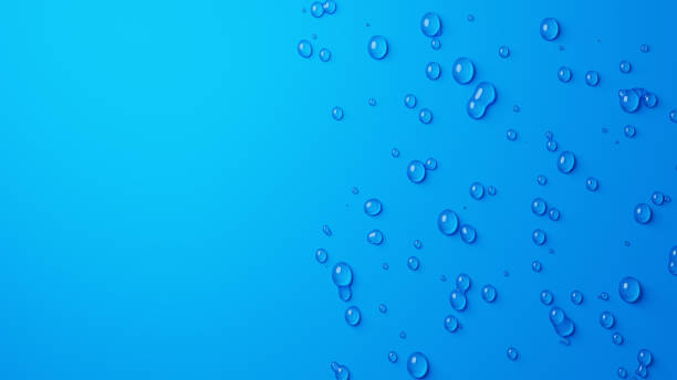 3D Illustration.Blue background with many water droplets with margins (horizontal)