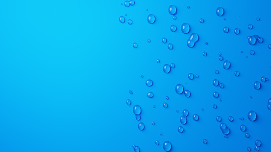 3D Illustration.Blue background with many water droplets with margins (horizontal)