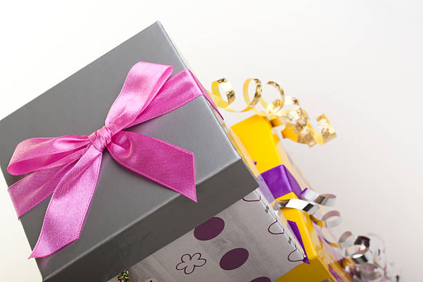 Various gift boxes with bow and ribbon stock photo
