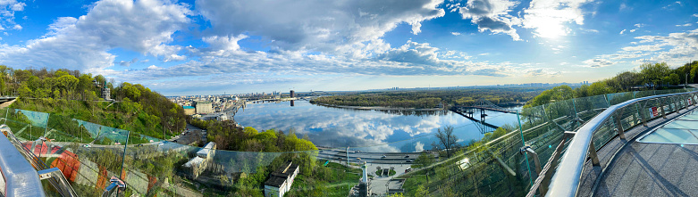 Scenic top panoramic view of Kyiv city Podol old center, Dnepr river Rybalskiy island panoramic landscape. Ukrainian capital Kiev blizzard panorama