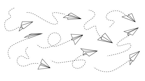 흰색 배경에 격리된 손으로 그린 낙서 종이 비행기의 벡터 세트. 여행과 경로의 선 아이콘 기호입니다. 벡터 아이콘입니다. - 종이 비행기 stock illustrations