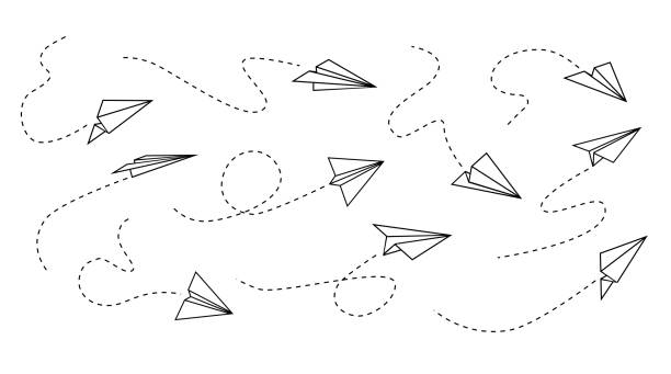 wektorowy zestaw ręcznie rysowanego doodle papierowego samolotu izolowanego na białym tle. ikona linii, symbol podróży i trasy. ikona wektorowa. - simplicity paper airplane airplane journey stock illustrations
