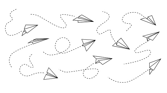 Vector set of hand drawn doodle paper airplane isolated on white background. Line icon symbol of travel and route.