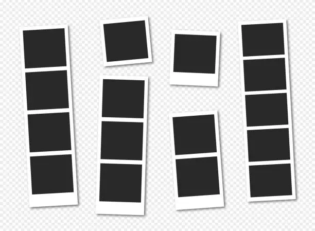 Vector illustration of Photo booth images. Realistic blank photography template. Retro empty photo frame. Vector picture strips instant snapshot with black frame. Vector 10 eps.