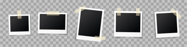 sada fotorámečků s prázdným místem s modrou nálepkou. koncept otočeného fotorámečku, jeden izolovaný vintage objekt s lepicí páskou. vektorová detailní ilustrace hrany pro obrázky a obrázky. vektor 10 eps. - poctivost fotky stock ilustrace