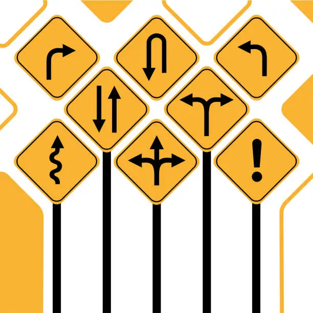 Vector illustration of Road Sign Set - Textual yellow signs set as western roadsign symbols. Arrows. Vector icon.