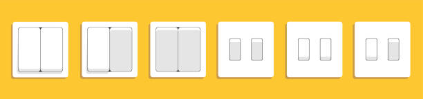 Electric sockets and switches on wall. Vector realistic set of 3d different types toggles and outlet for european and usa plugs, adapter connectors. White plastic house supplies 10 eps. Electric sockets and switches on wall. Vector realistic set of 3d different types toggles and outlet for european and usa plugs, adapter connectors. White plastic house supplies light-switch-clip-art stock illustrations