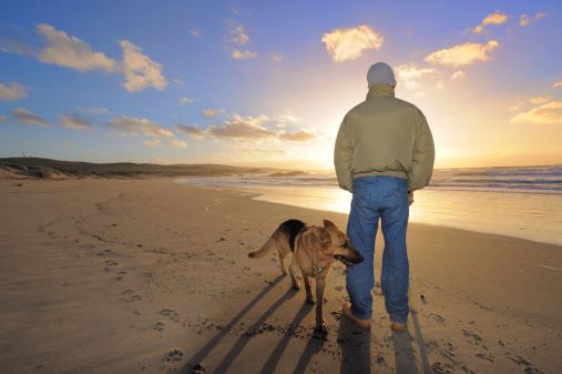 man with German shepherd dog at sunset on a beach