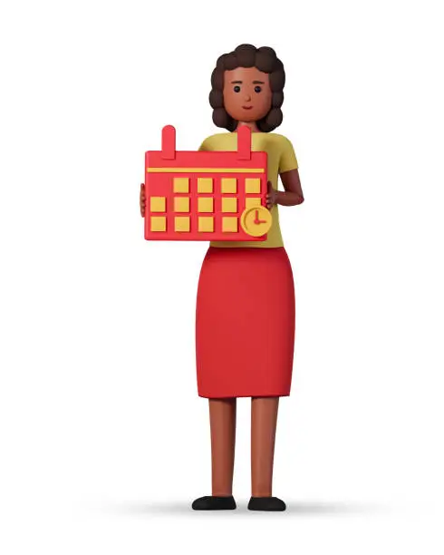 Business concept with african american young woman in skirt holding big calendar with clock 3d illustration isolated on white background