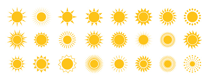 Sun icon set. Yellow sun star icons collection. Summer, sunlight, nature, sky. Vector illustration isolated on white background.