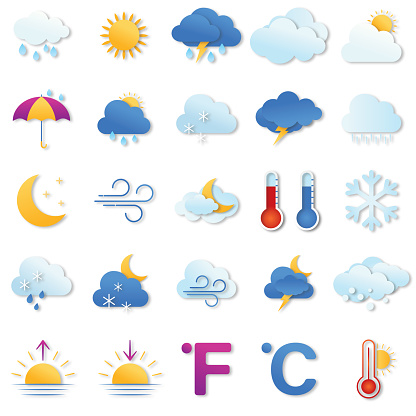 Paper cut style weather icons with a drop shadow on a transparent background (you can place the icon over any background).