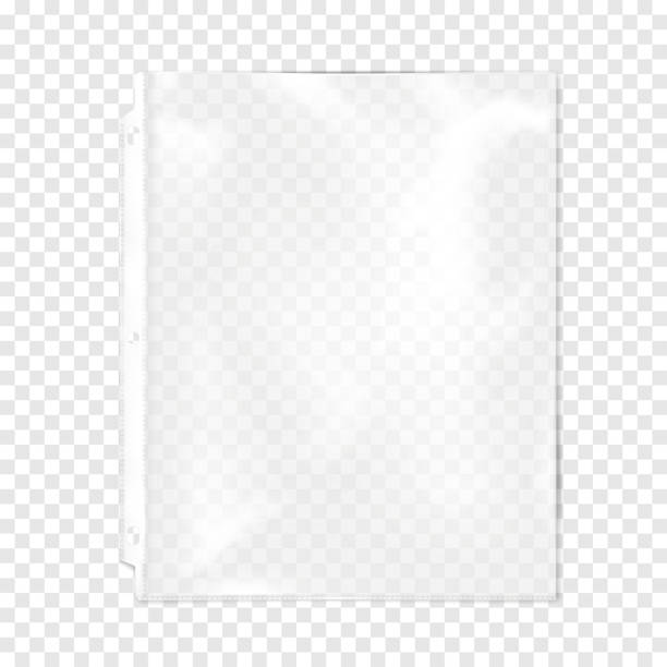 ilustraciones, imágenes clip art, dibujos animados e iconos de stock de archivo de plástico transparente, protector de manga de hoja perforada de tres agujeros para carpeta de tres anillos en maqueta de fondo transparente. maqueta vectorial realista de bolsillo de bolsillo de carga superior - translucent