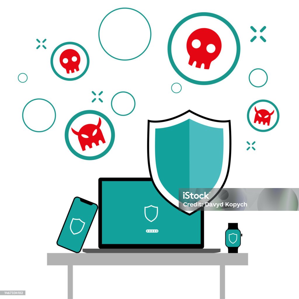 Computer Virus Safe Man Icon Data Protection Laptop With Effective Antivirus Computer In Safe Bubble ...