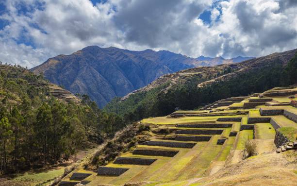 Terrace fields in Chinchero, Peru Chinchero, Peru, November 13, 2021: View of the terrace fields near the ruins of an Inca palace in the village of Chinchero 3800 meters above sea level. chinchero district stock pictures, royalty-free photos & images